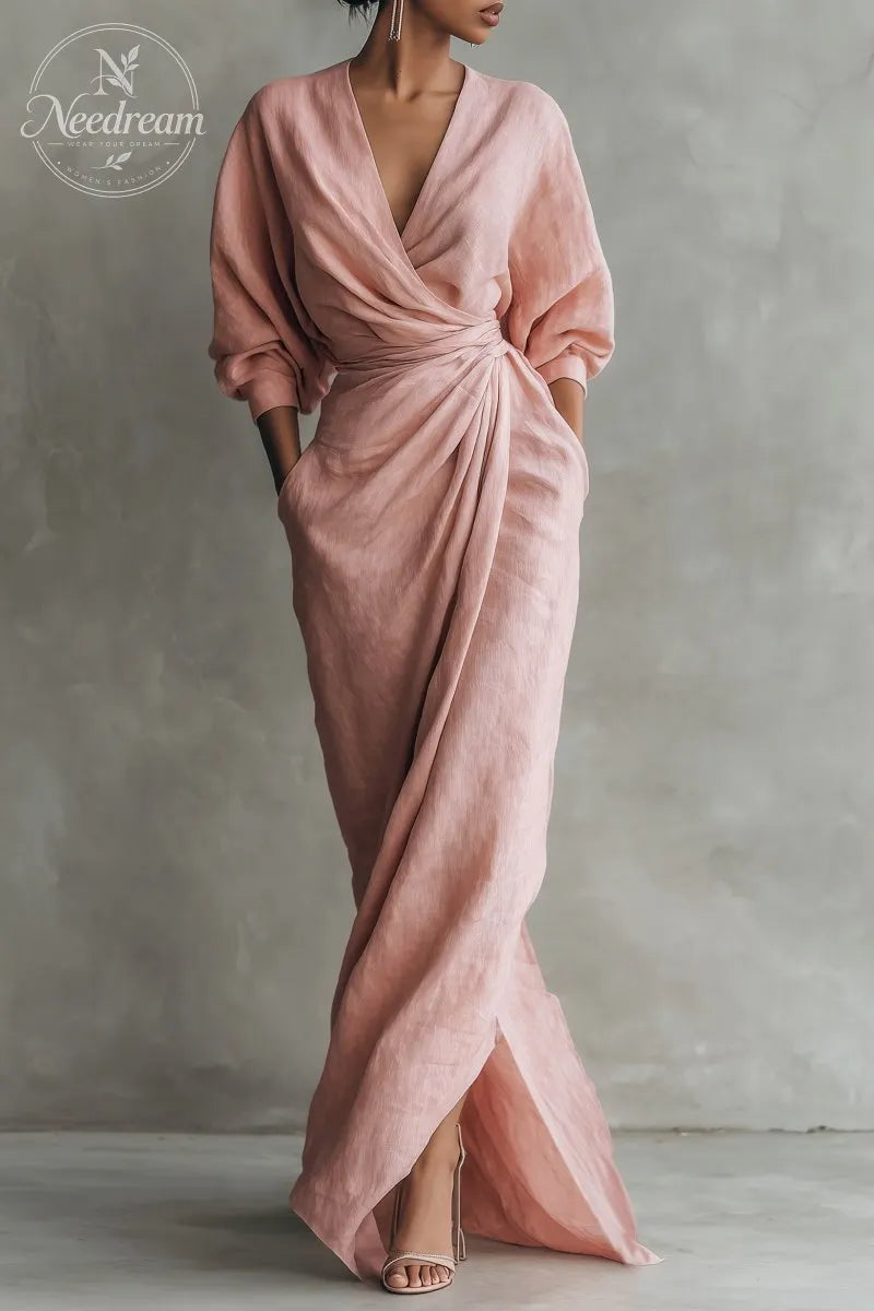 Women'S Pink Minimalist V-Neck Linen Blend Maxi Dress