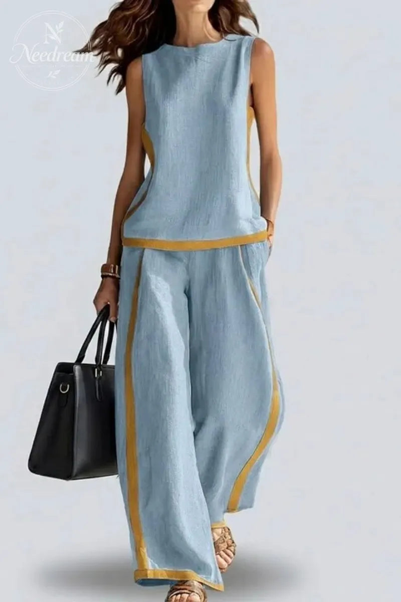 Women's Two Tone Trim Vest & Wide Leg Pants 2Pcs Set