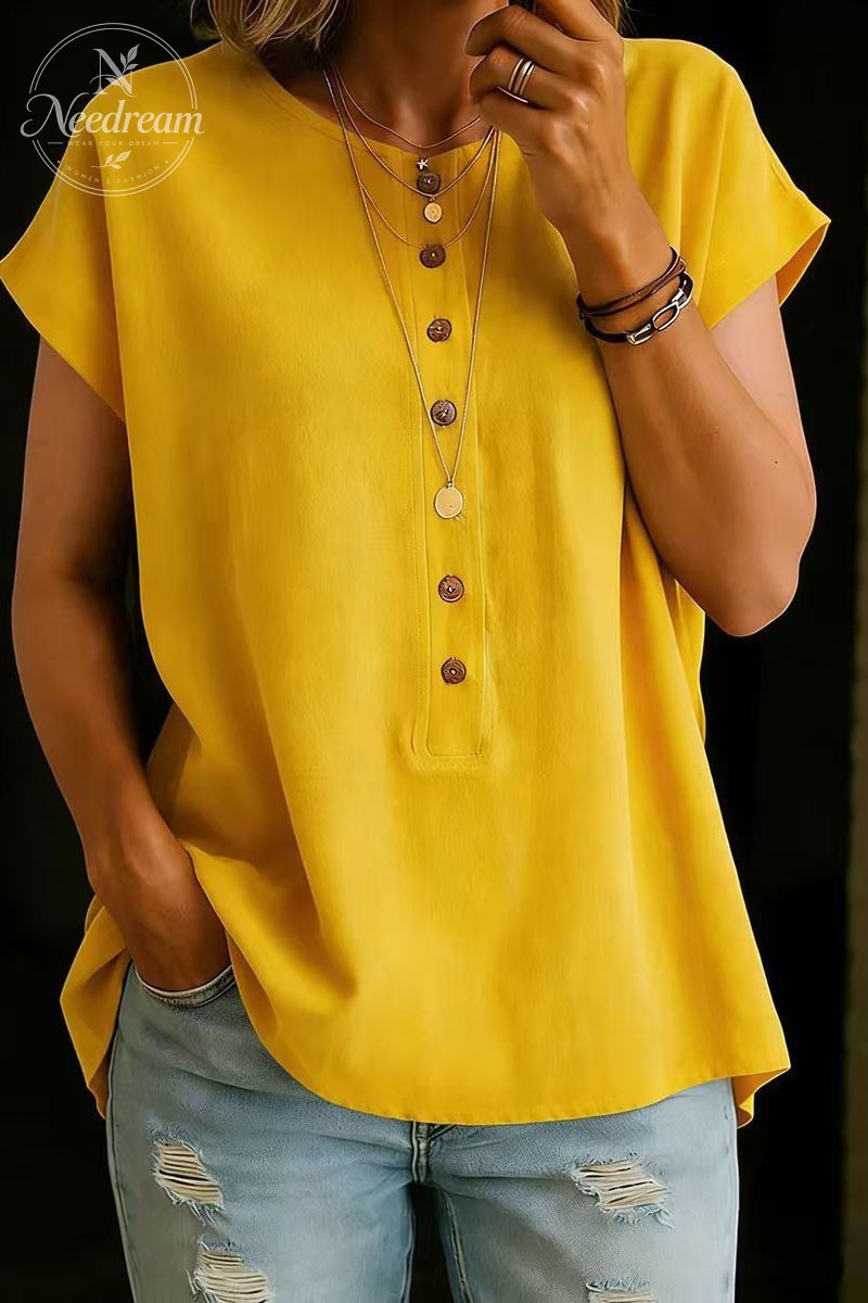 Button-Down Solid Color Elegant Retro Fashion Round Neck Short Sleeve