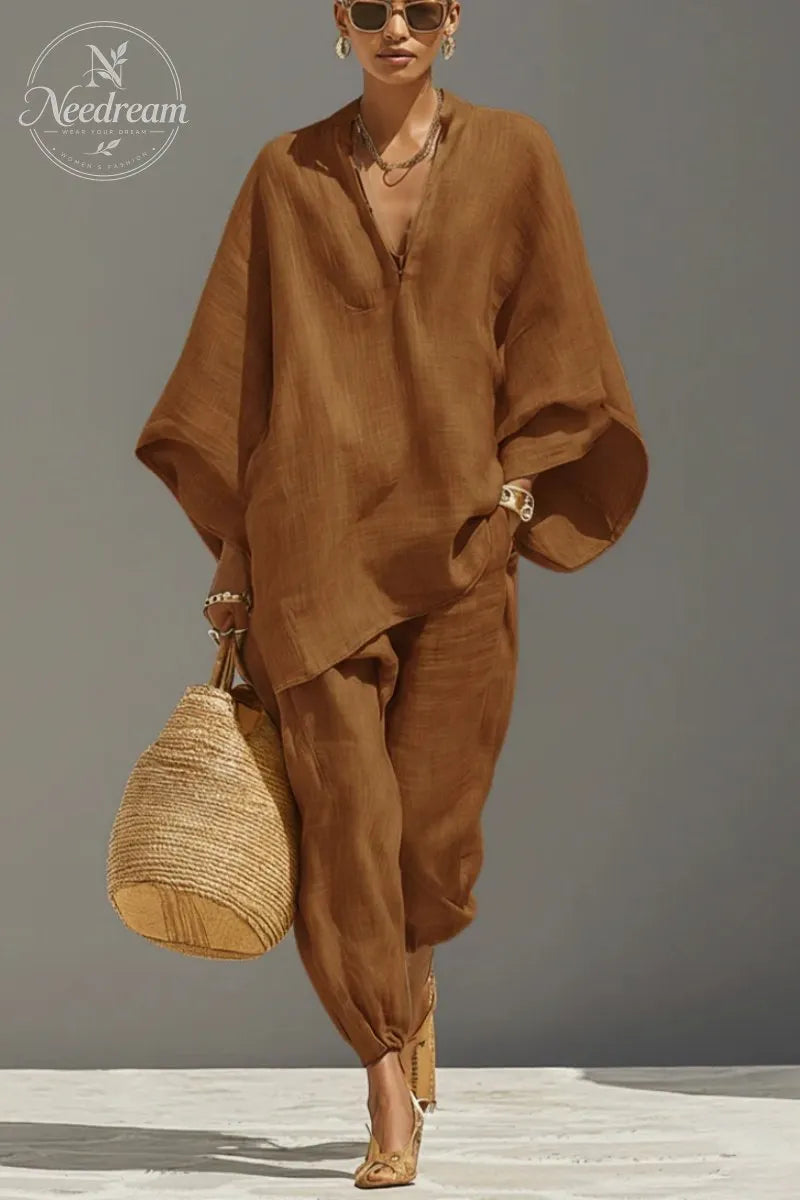 Women's Neutral Linen Set With Asymmetric Hem & Minimalist Design, Sophisticated Daily-Casual Style Set