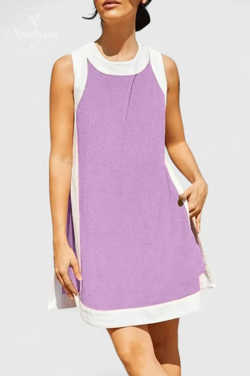Women's Casual Two Piece Sets Color Block Crewneck Sleeveless Pullover Tops Matching Shorts With Pockets
