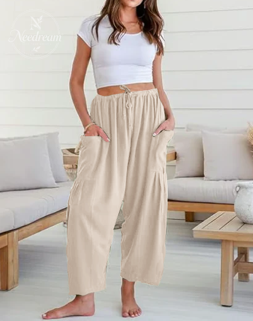 Womens Linen Wide Leg Pants Casual Loose Beach Palazzo Harem Pants with Pockets Summer Outfit