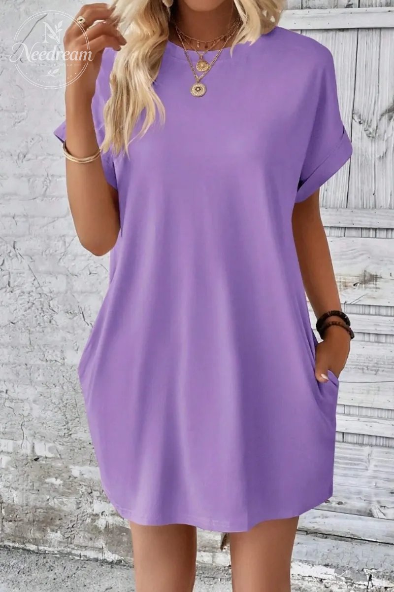 Casual Minimalist Round Neck Roll Up Sleeve Dress