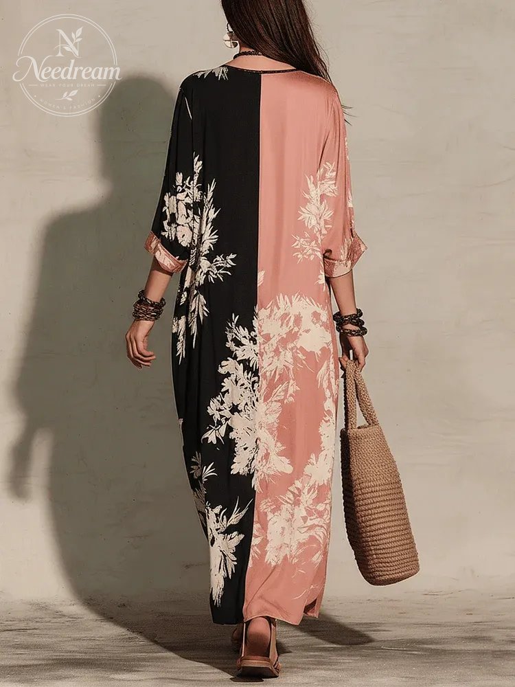 Effortless Boho Two-Tone Floral Slit Maxi Dress