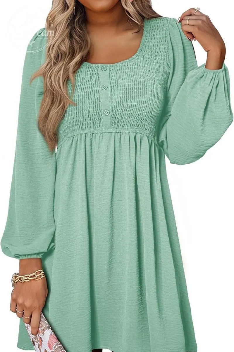 Smocked Crewneck Button Up Long Sleeve Empire Waist A-Line Mini Dress