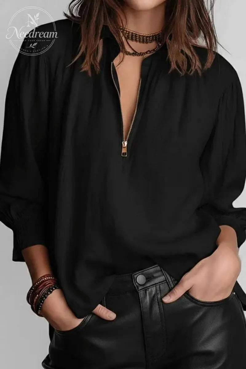 Women's Casual Solid Half Zip Stand Collar Long Sleeve Blouse