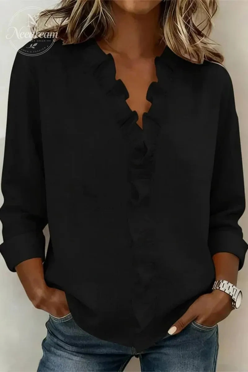 Ruffled V-Neck Long-Sleeved Cotton Shirt