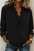 Ruffled V-Neck Long-Sleeved Cotton Shirt