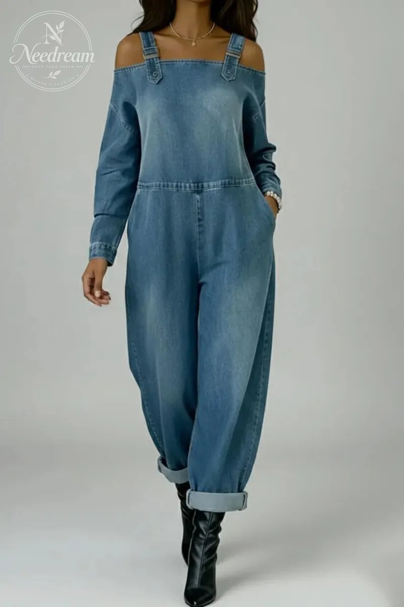 Women's Casual Off Shoulder Long Sleeve Slant Pocket Wide Leg Loose Jumpsuits