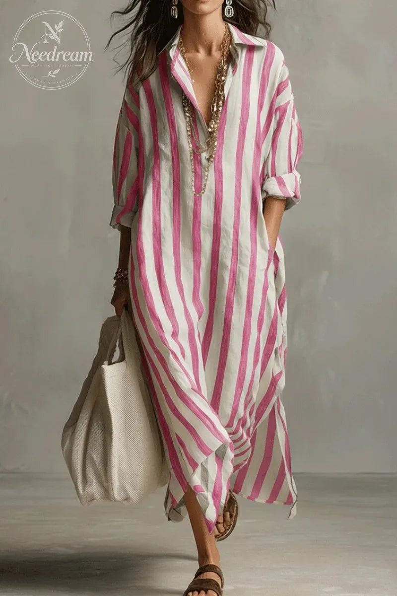 Casual Striped Shirt Bohemian Style Maxi Dress