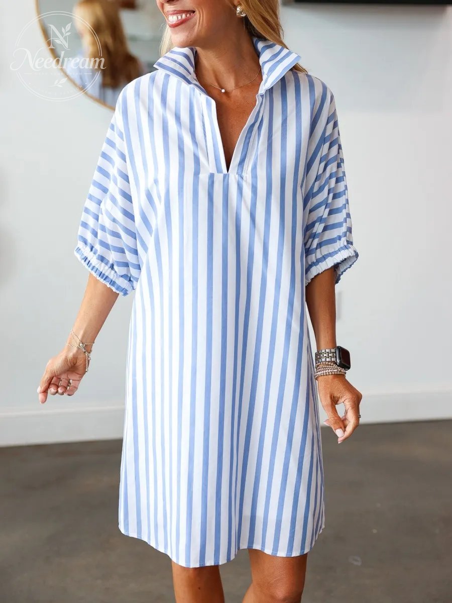 Short Sleeve Striped Dress - Blue