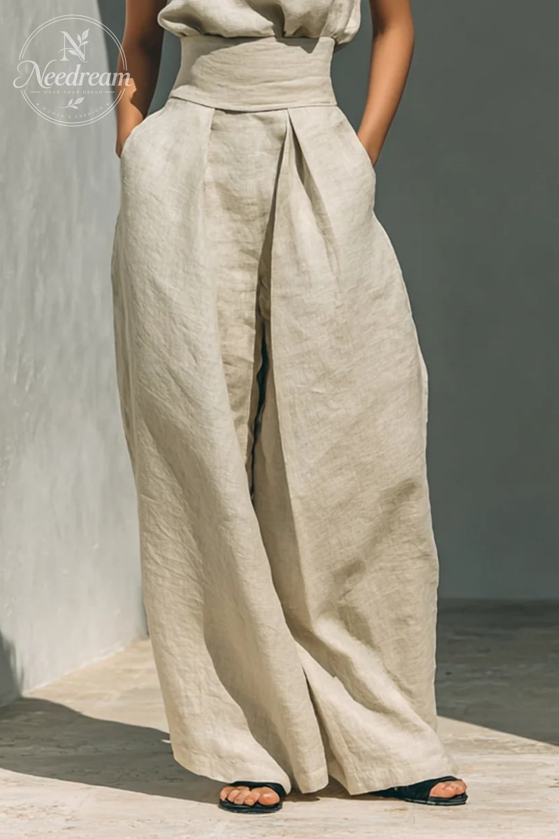 Women's Minimalist Cotton And Linen Blend Sleeveless Blouse And Wide-leg Pants Set