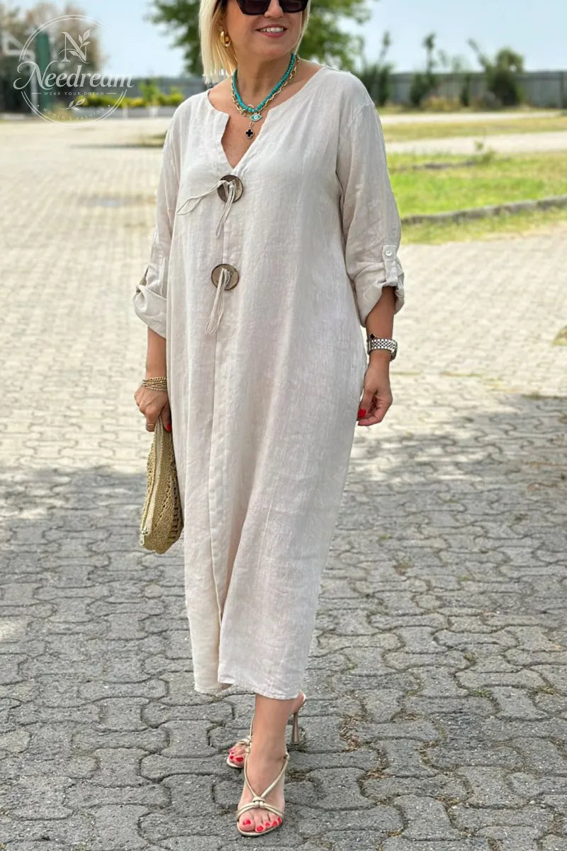 V-neck Button Detail Cotton And Linen Dress