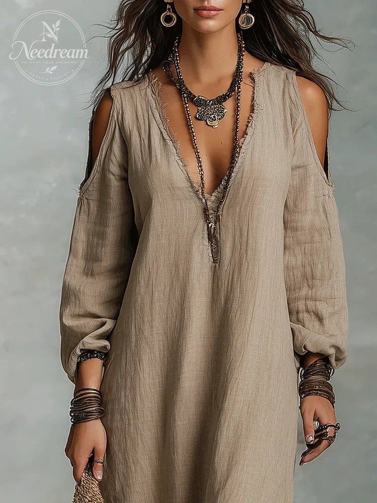 Relaxed Bohemian Cold-Shoulder Linen Midi Dress