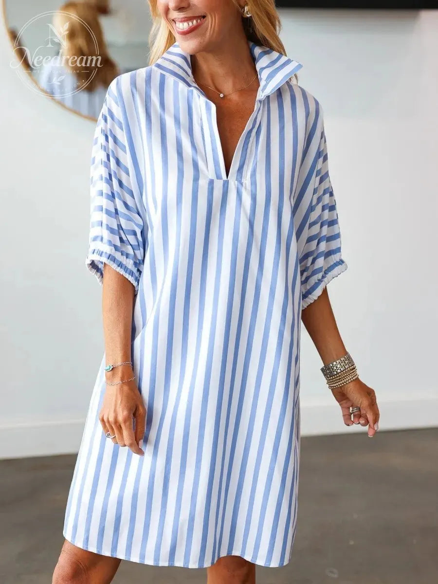 Short Sleeve Striped Dress - Blue