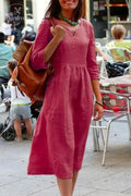 V-Neck Casual Dress, Three-Quarter Sleeves, With Pockets