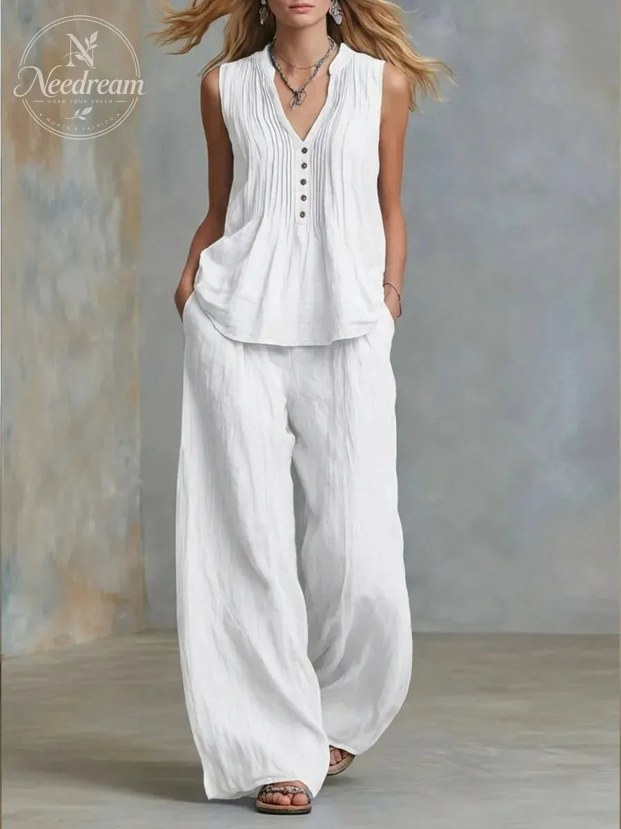 Plus Size Friendly Casual Linen And Cotton Pleated Sleeveless Top And Pants Two-piece Set