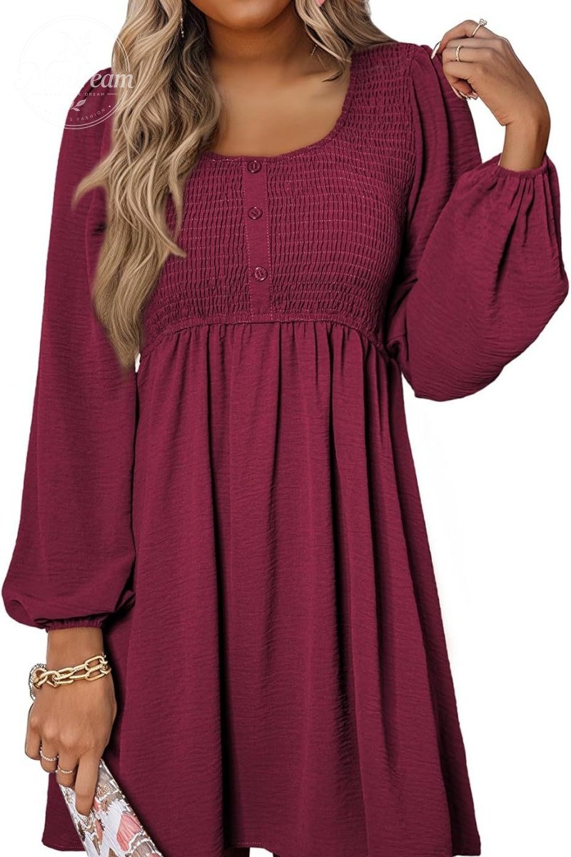 Smocked Crewneck Button Up Long Sleeve Empire Waist A-Line Mini Dress
