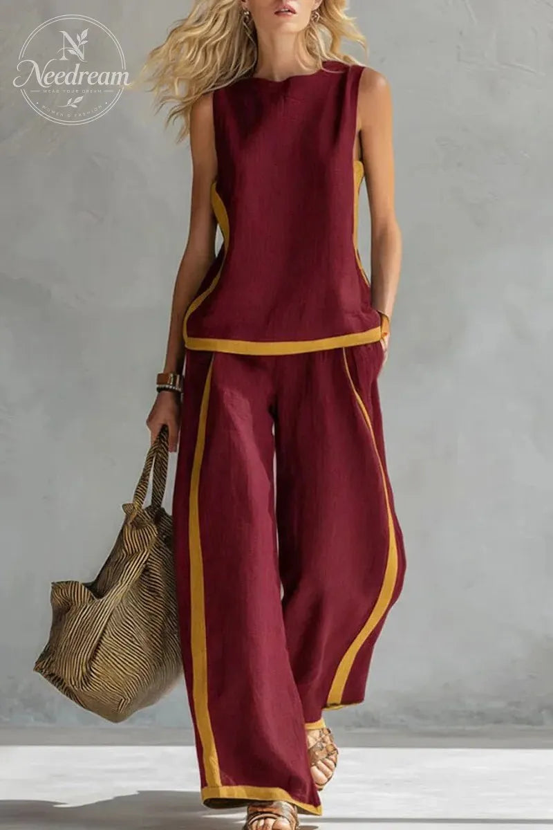 Women's Two Tone Trim Vest & Wide Leg Pants 2Pcs Set
