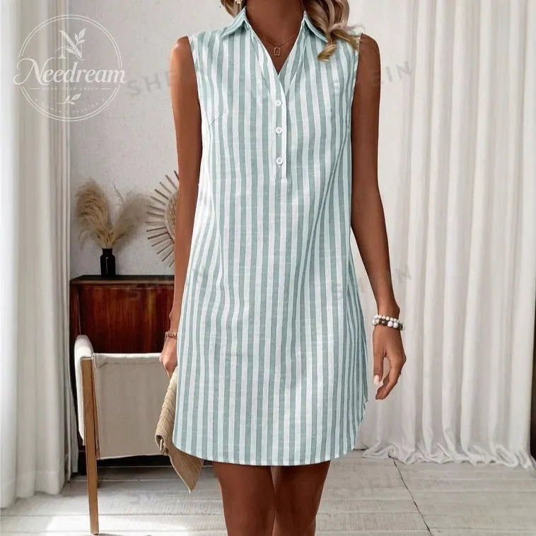 Women'S Minimalist Sleeveless V-Neck Button-Down Striped Shirt Dress