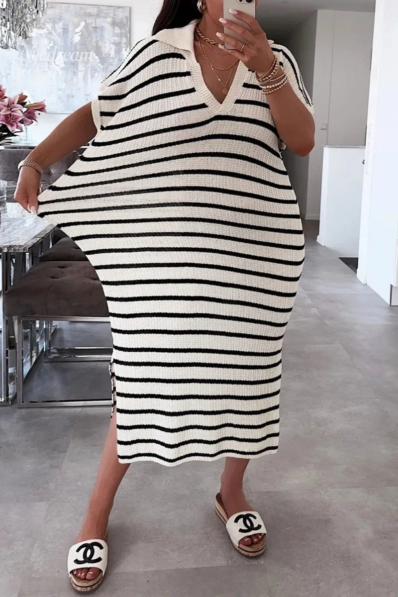 Womens Striped Summer Dresses Short Sleeve V Neck Knit Collared Sexy Slit Loose Maxi Sweater Dress