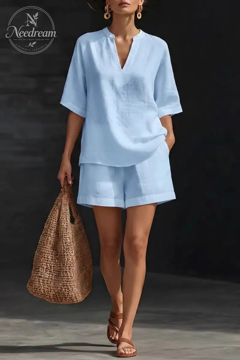 Minimalist Cozy V-neck Shirt And Shorts Linen Cotton Two-piece Set