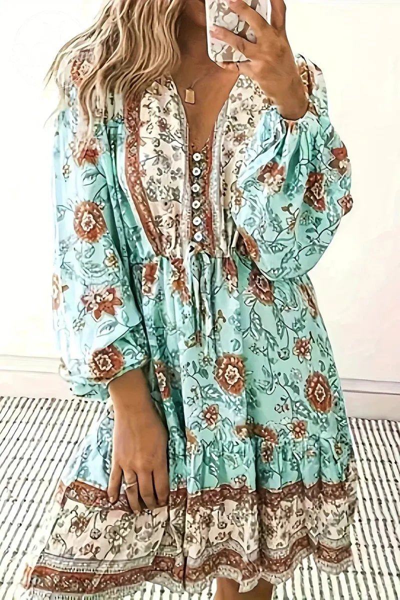 Women's Ethnic Floral Pattern Button Front Ruffle Hem Dress