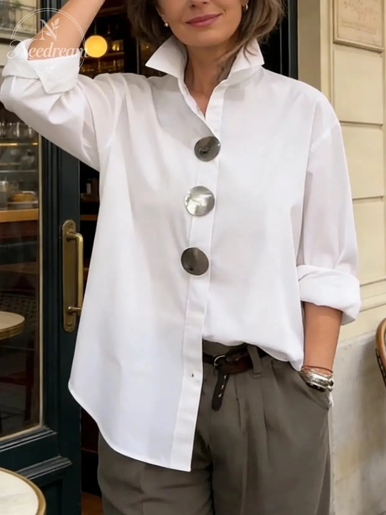 Elegant Stand-collar Metal Buttons Blouse