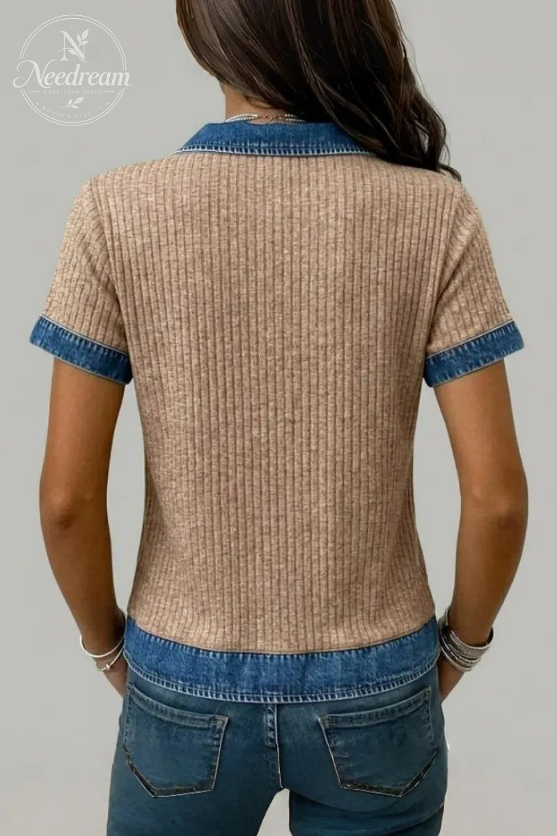 Women's Casual Ribbed Knit Patchwork Denim V Neck Long Sleeve Blouse