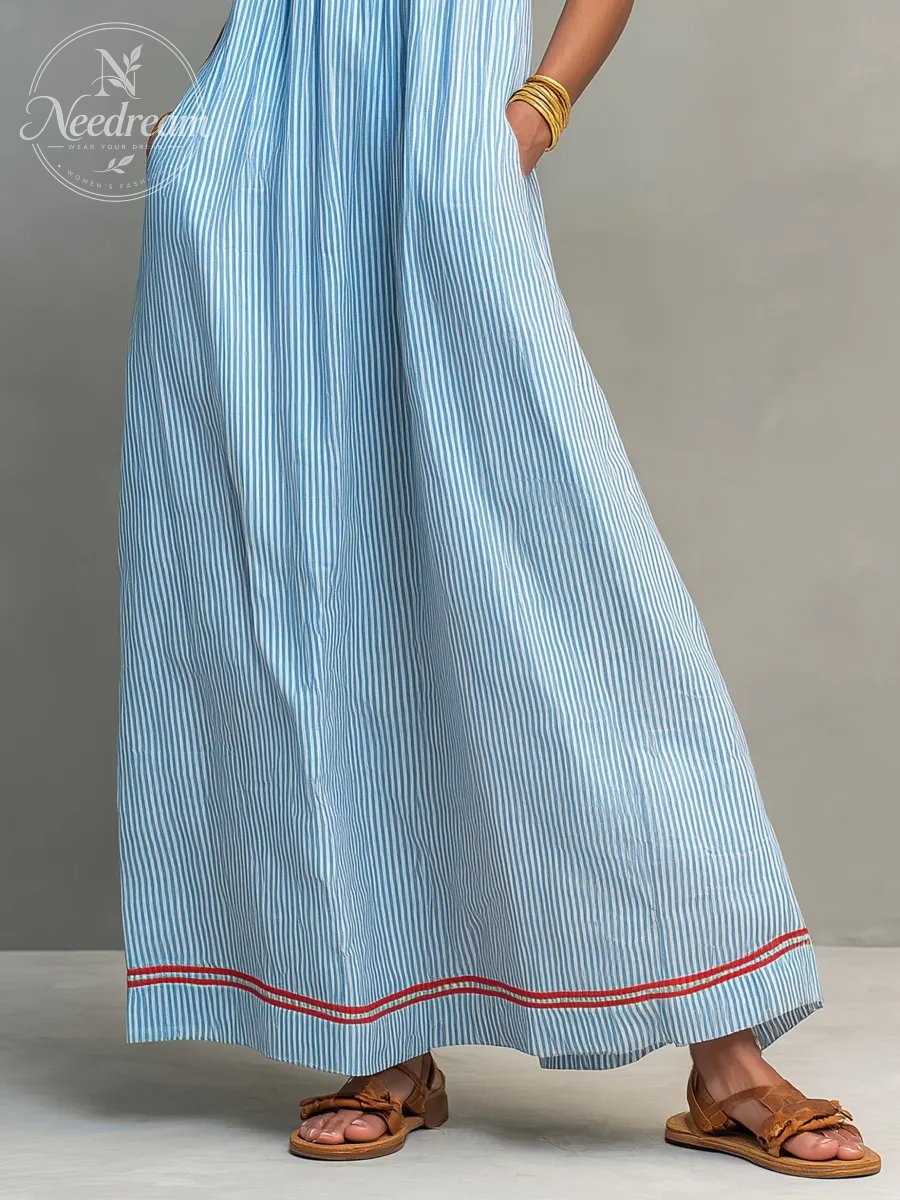Women's Minimalist Striped Maxi Dress With Red Trim And Spaghetti Straps