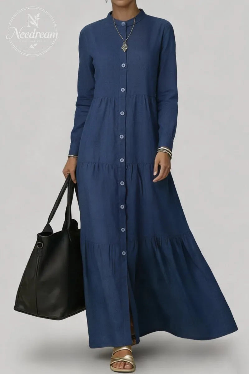 Women's Casual Long-Sleeved Single-Breasted Denim Maxi Dress