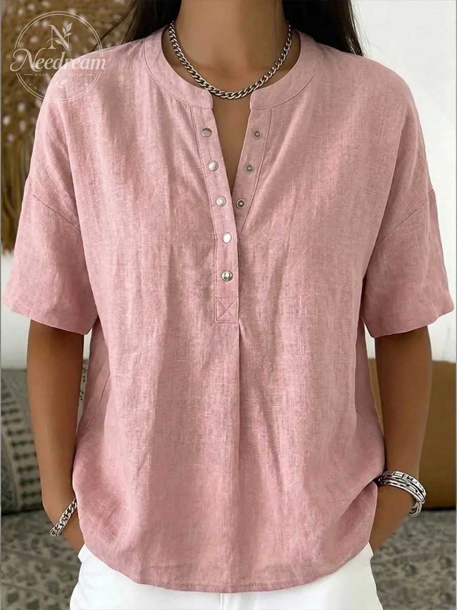 New Arrivals🔥 Women’s Casual Henley Collar Linen And Cotton Short-sleeve Shirt