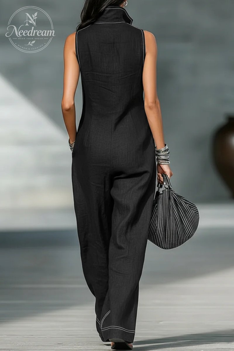Women's Minimalist Loose-fitting White Trim Sleeveless Jumpsuit