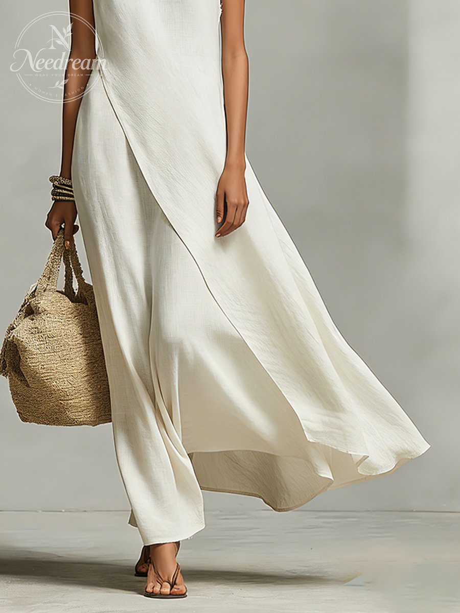 Women's Ivory Breathable Linen Dress With Sleeveless Detail & Asymmetric Hem, Contemporary Casual-Feminine Style Dress
