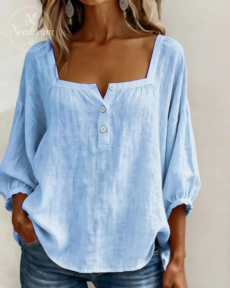 🌸Pink Square-Neck Half-Button Shirt