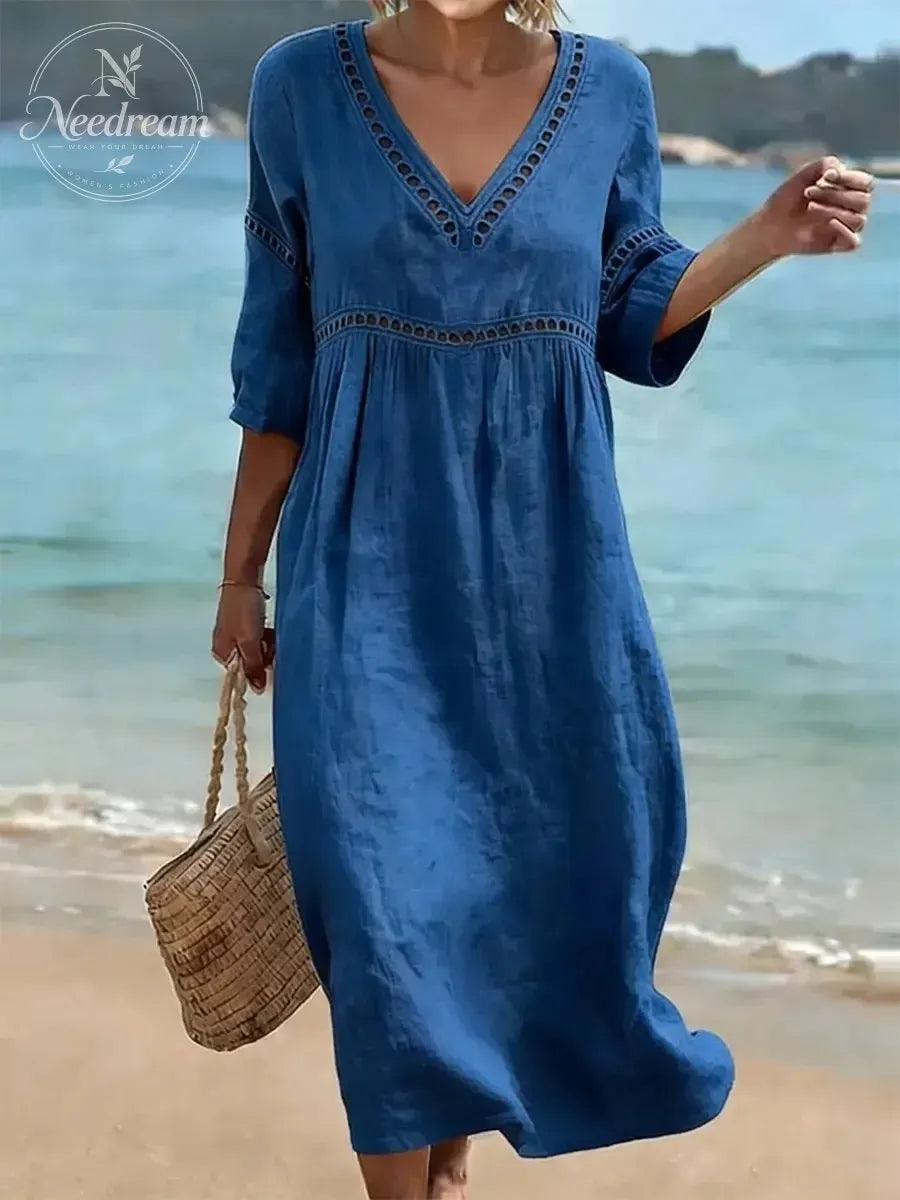 Women Cotton Maxi 3/4 Sleeve V Neck Pleated Lace Dress
