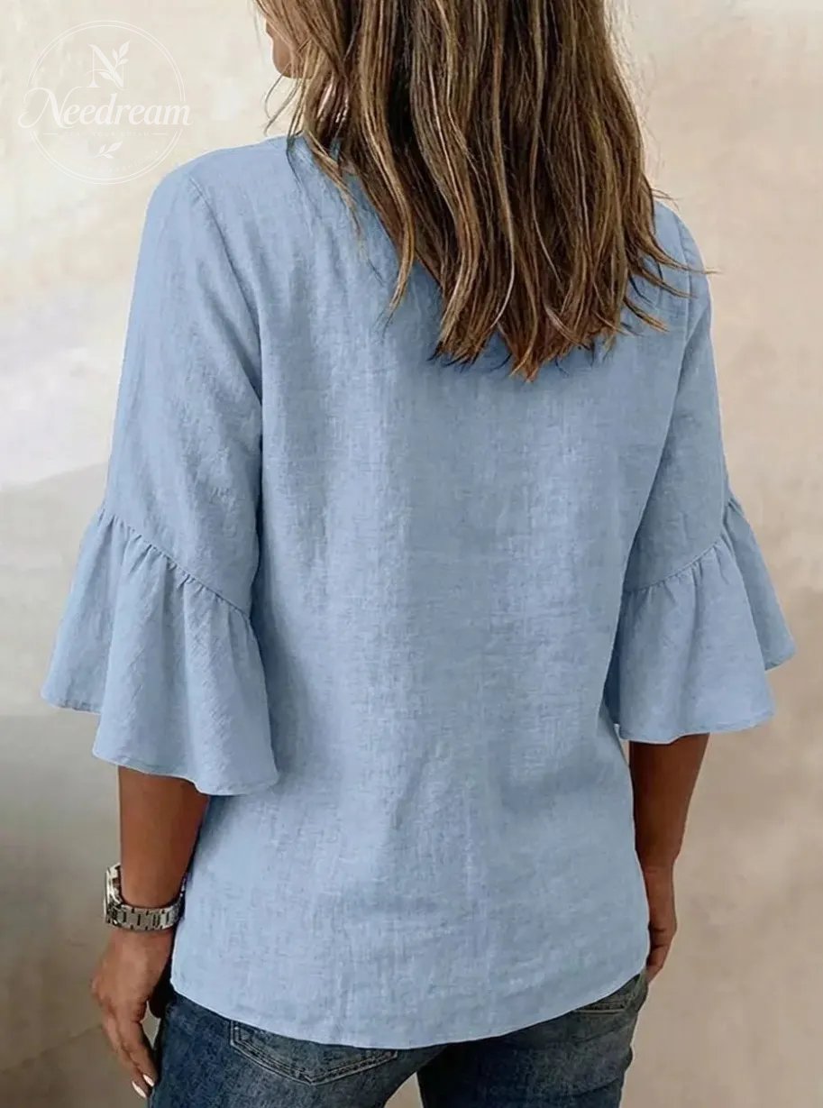 Women'S Solid-Color V-Neck 3/4-Sleeve Casual Loose Cotton-Linen Top