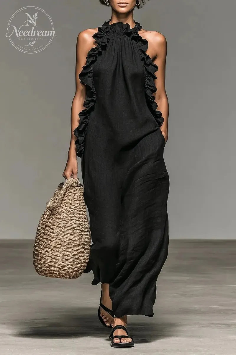 Women's Minimalist Linen-blend Sleeveless Maxi Dress With Ruffle Details
