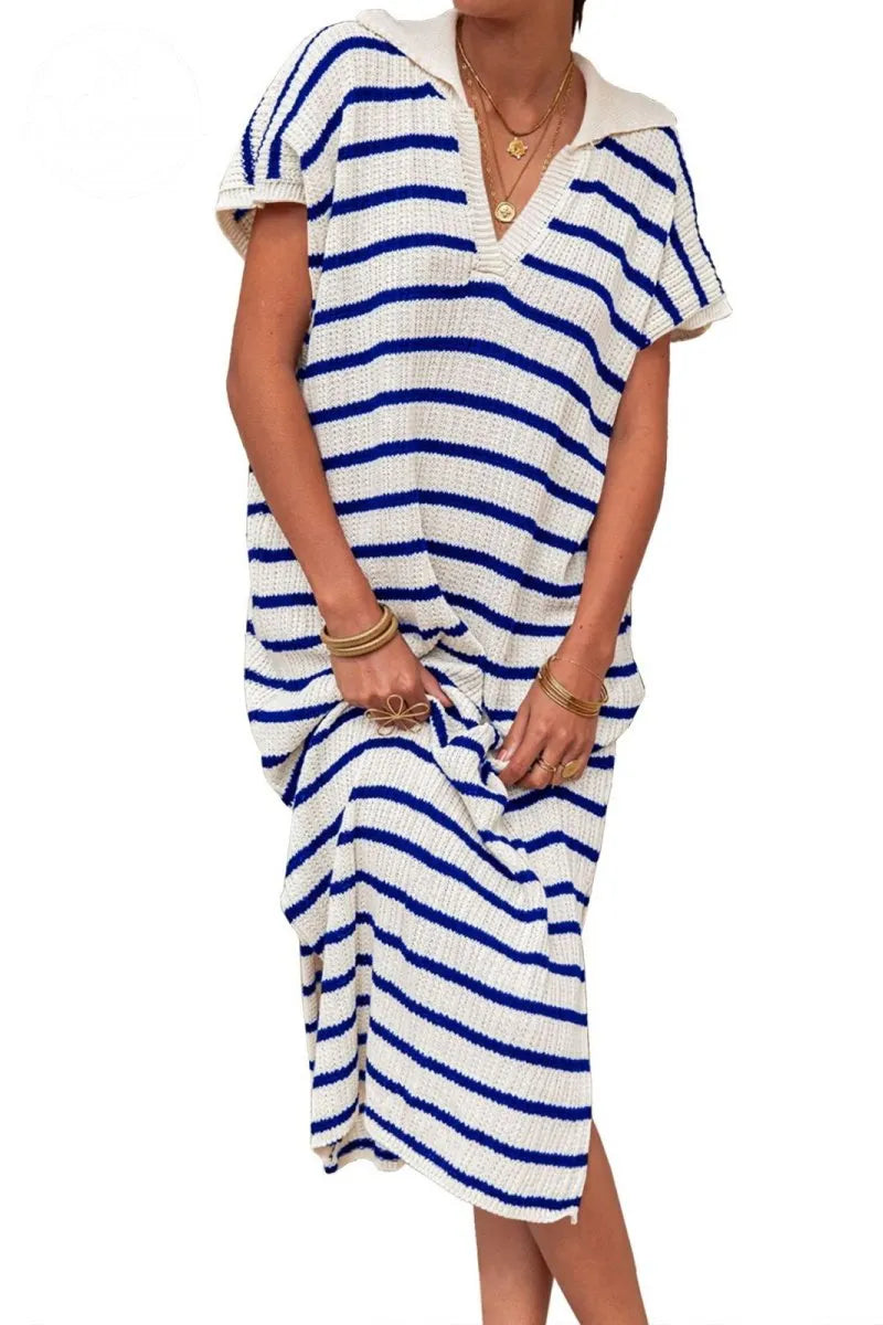 Womens Striped Summer Dresses Short Sleeve V Neck Knit Collared Sexy Slit Loose Maxi Sweater Dress
