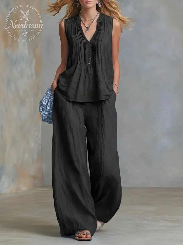 Plus Size Friendly Casual Linen And Cotton Pleated Sleeveless Top And Pants Two-piece Set