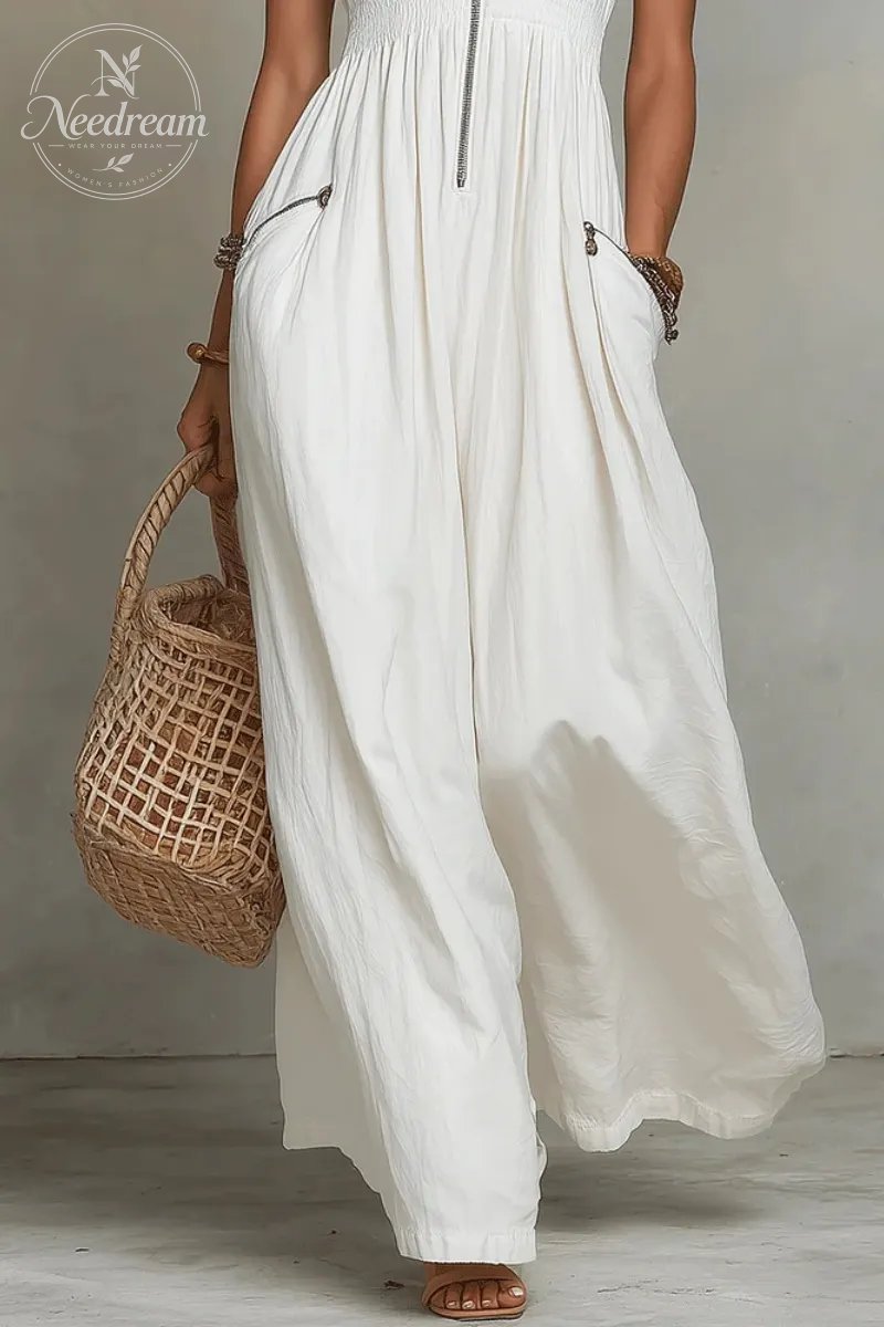 White Zip-Front Bohemian Maxi Dress