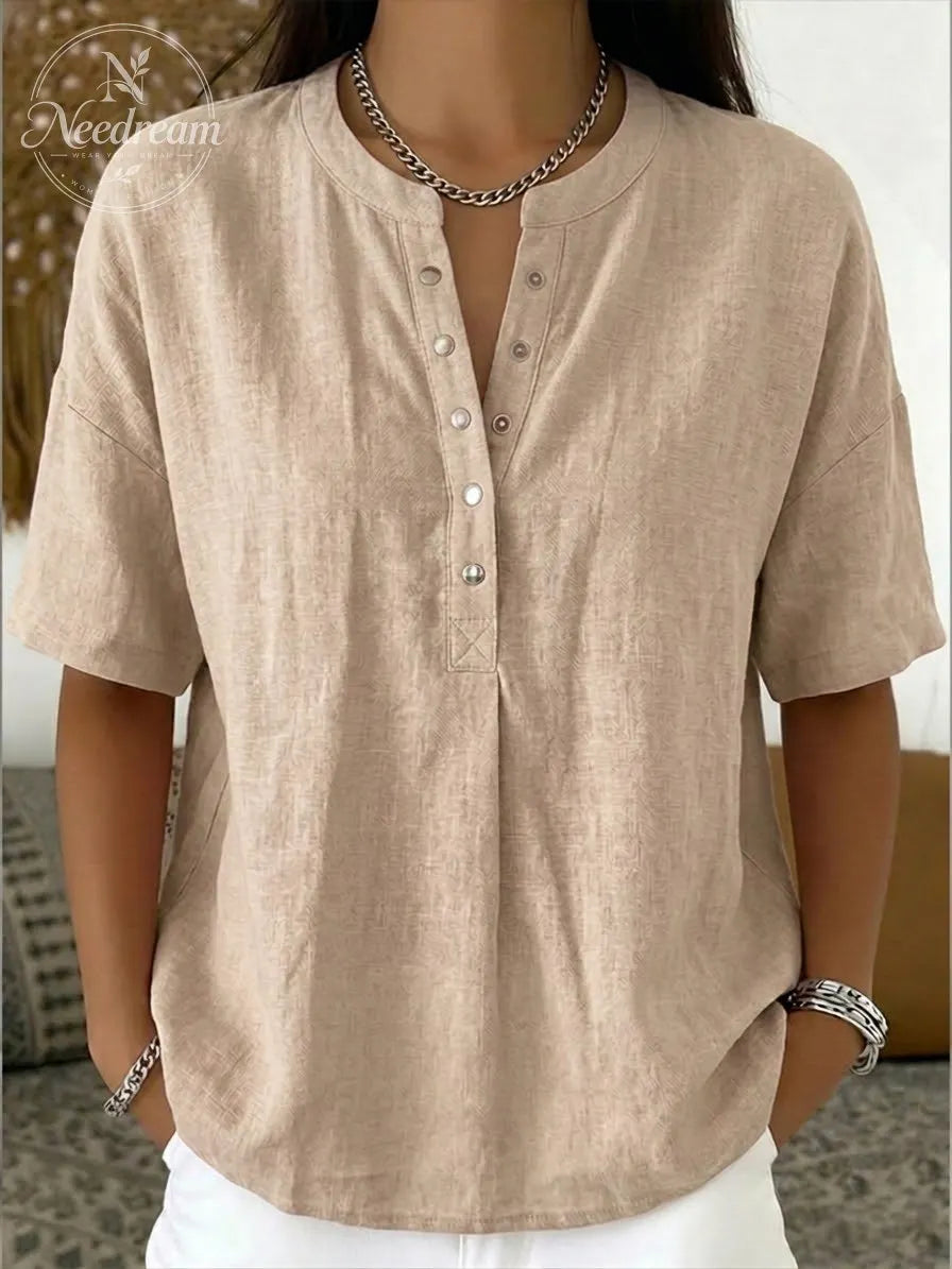 New Arrivals🔥 Women’s Casual Henley Collar Linen And Cotton Short-sleeve Shirt