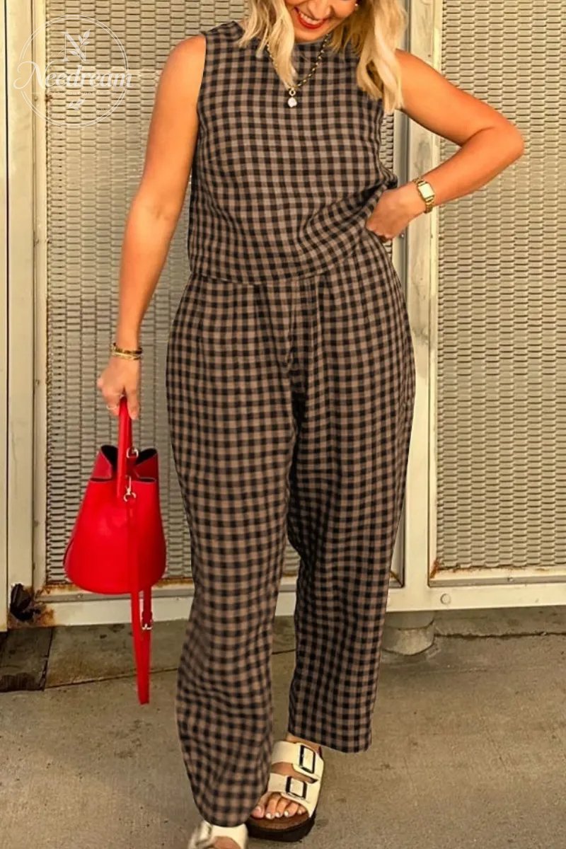 Summer New Women's 2 Piece Set Cotton Plaid Crop Top Loose Fit Pocket Nine-Tenths Pants