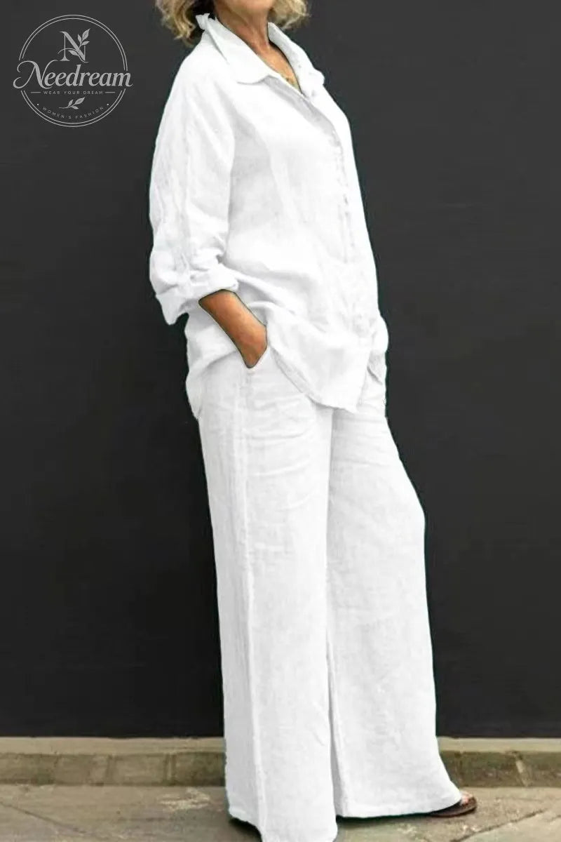 Women Linen Lapel Shirt Two Pieces Set Vintage Solid Long Sleeve Button Blouse and Loose Straight Pants Casual Suits