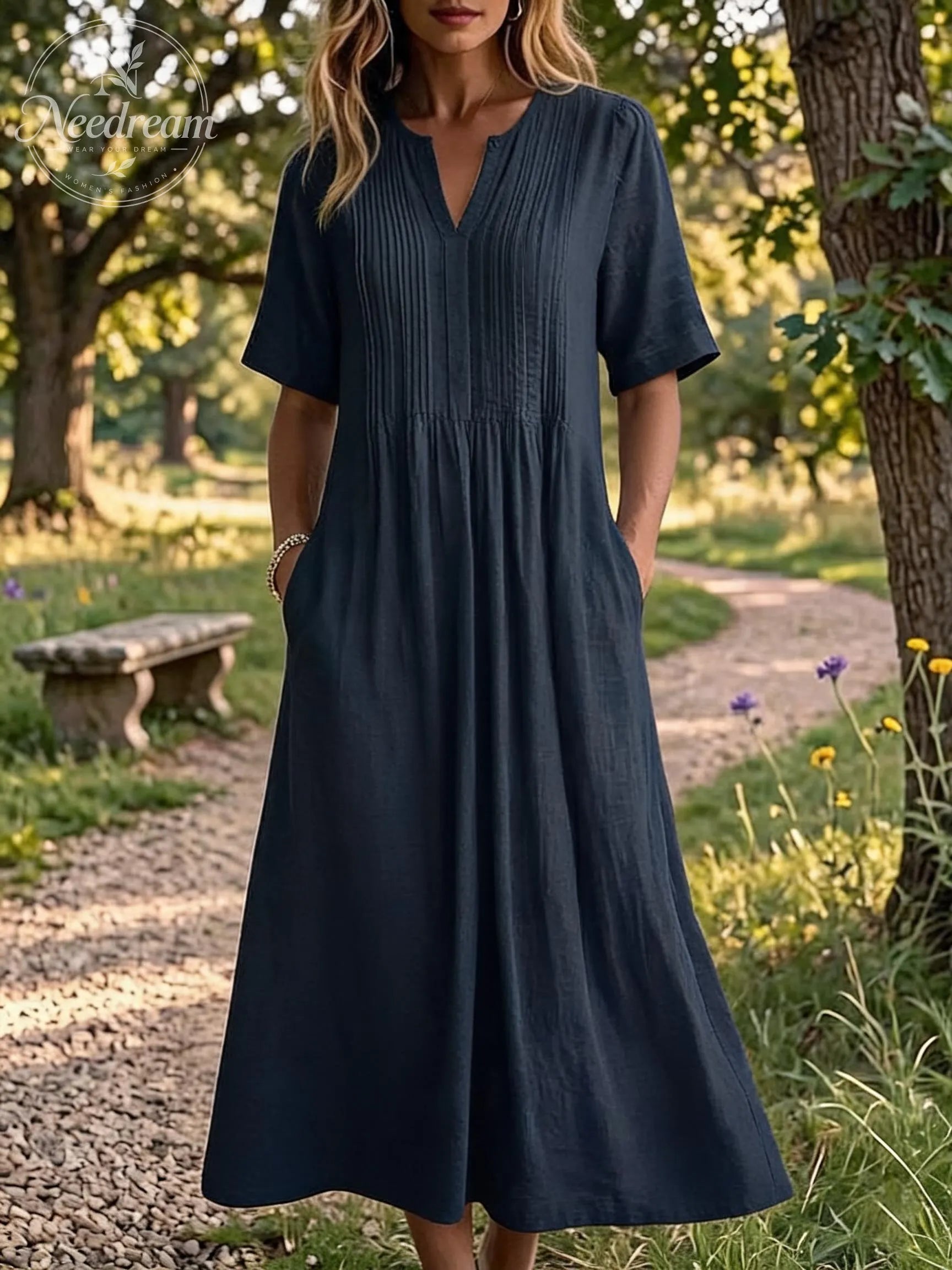🔥 Women'S V-Neck Short-Sleeved Pleated Cotton-Linen Dress