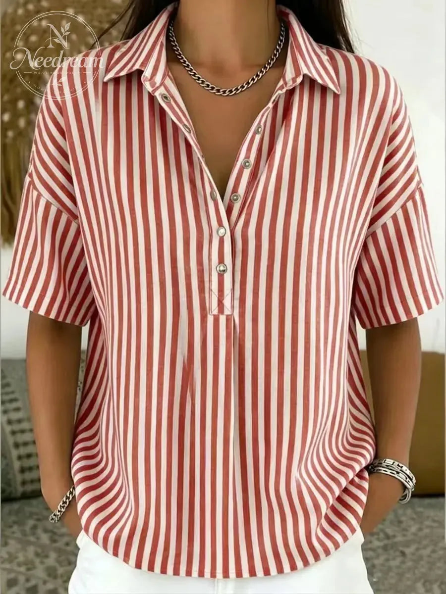 Women‘s Casual Striped Polo Collar Snap Buttons Cotton-linen Shirt
