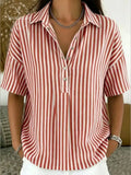 Women‘s Casual Striped Polo Collar Snap Buttons Cotton-linen Shirt