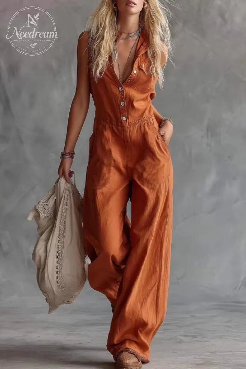 V-Neck Front-Button Sleeveless Jumpsuit