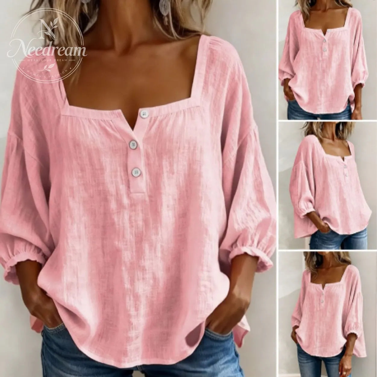 🌸Pink Square-Neck Half-Button Shirt