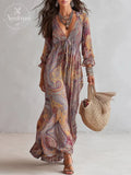 Vintage Paisley Print V neck Dress With Tie Waist